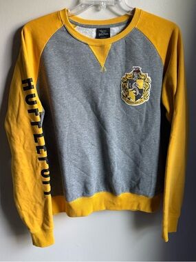 Hufflepuff Crewneck Sweatshirt With Spell out Sleeve And Crest Large Wizarding